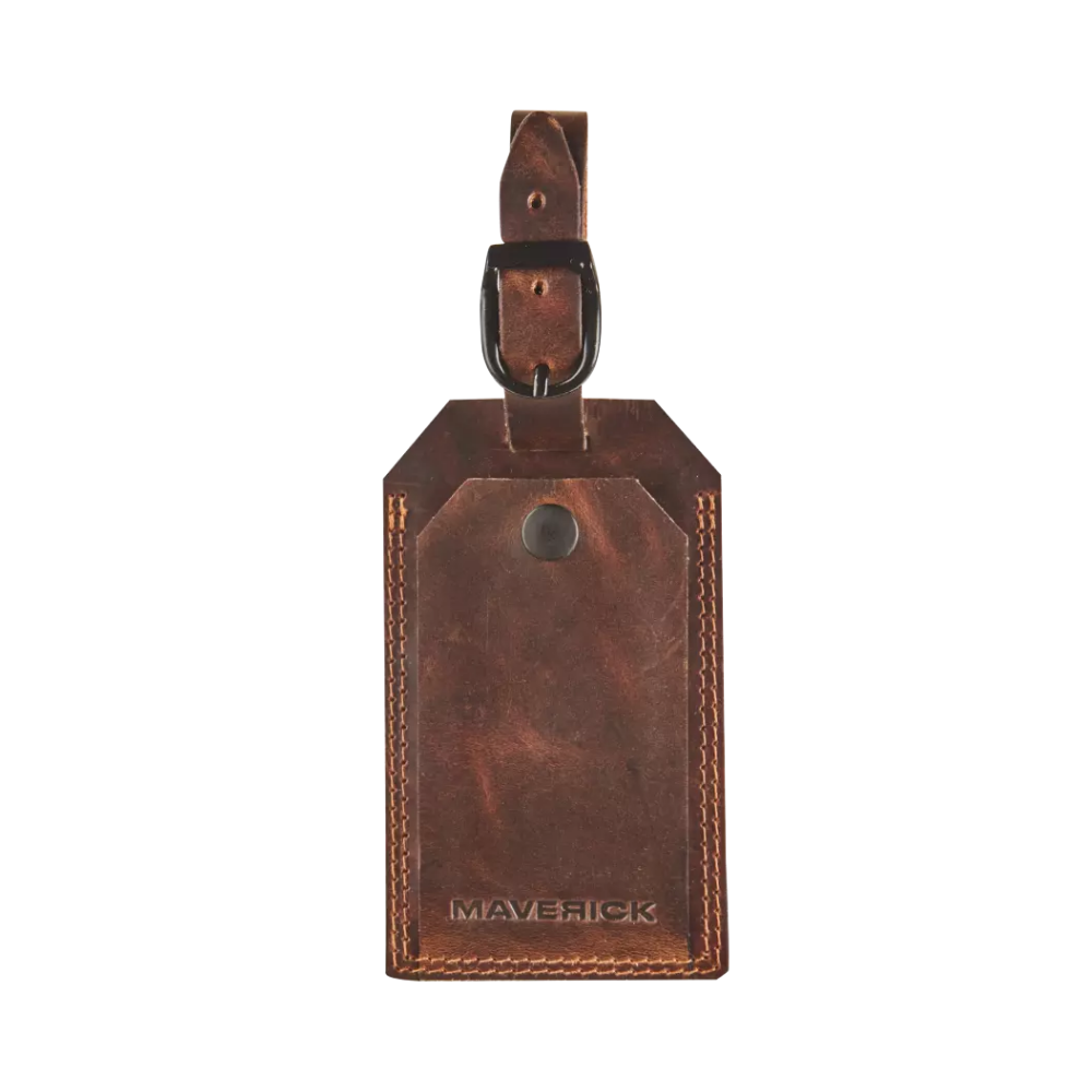 Front view of the Maverick Original Leather Luggage Tag with a belt clip.