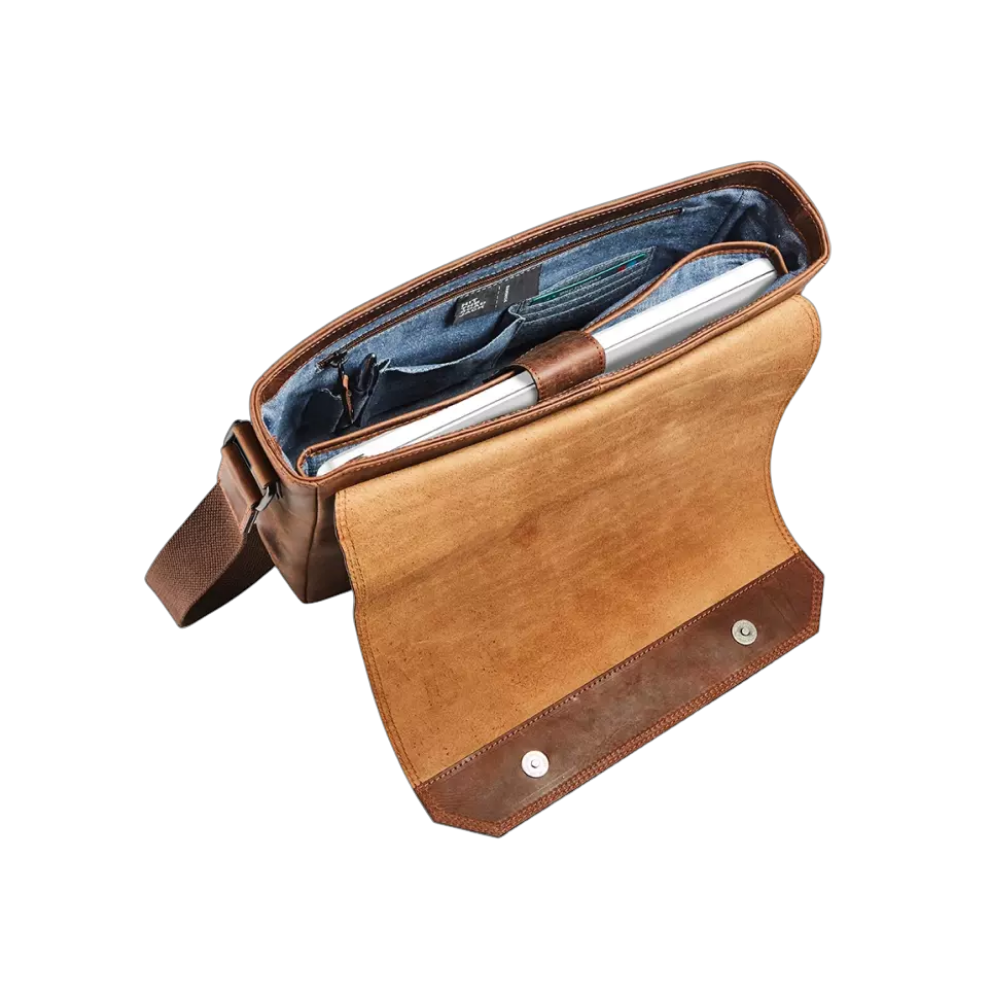 "Maverick Leder-Umhängetasche geöffnet, Innenansicht mit Fächern"