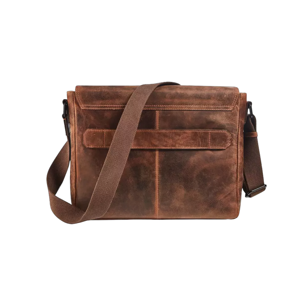 "Maverick Leder-Umhängetasche, braunes Leder, Rückansicht"