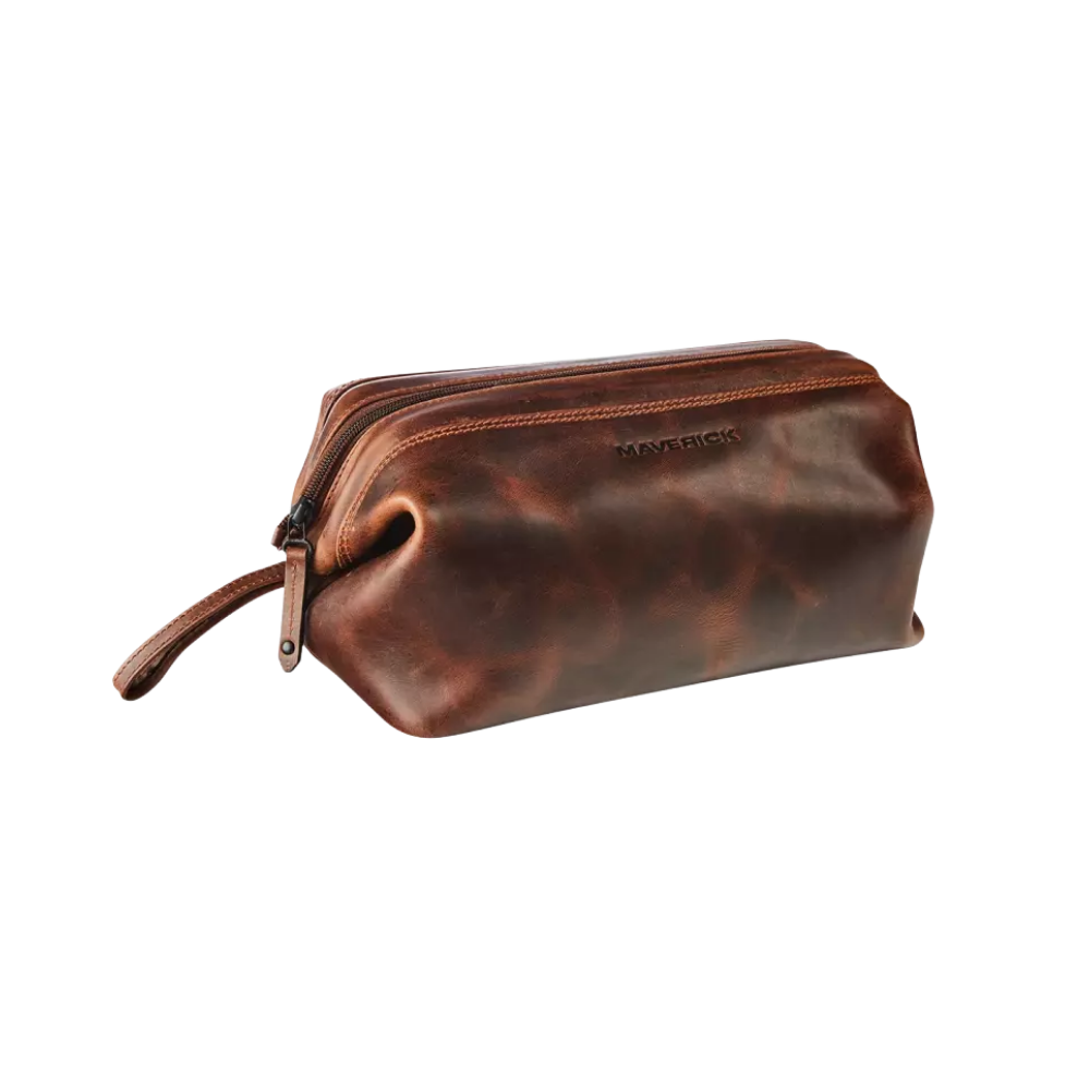 "Maverick Leder-Kosmetiktasche, braunes Leder, geschlossen mit Reißverschluss"