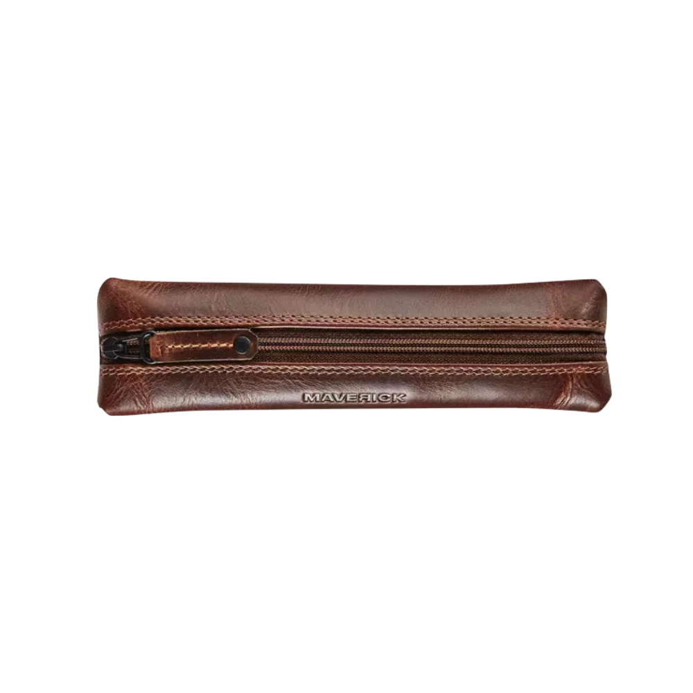 Maverick Leder-Stifteetui, braunes Leder, geschlossen mit Reißverschluss"