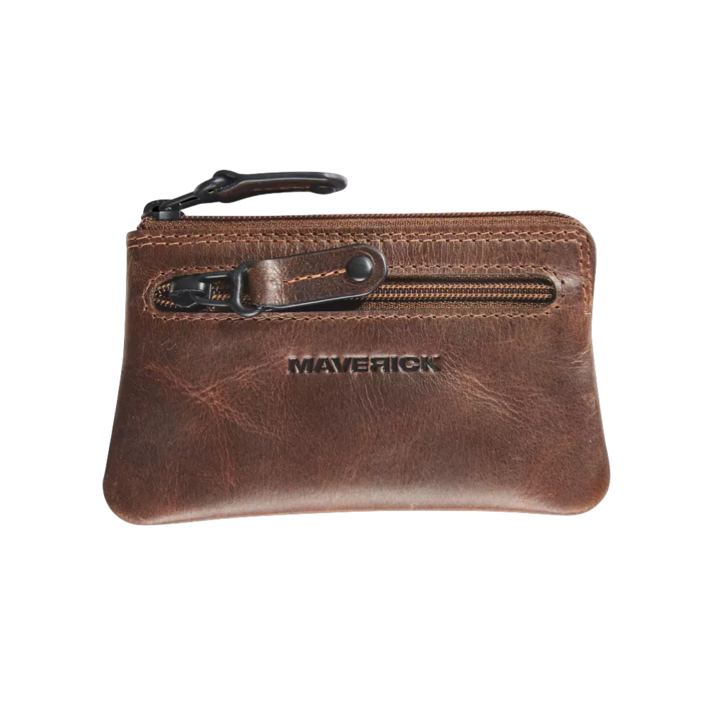 Maverick Leder-Münzbeutel, braunes Leder, mit Reißverschluss"