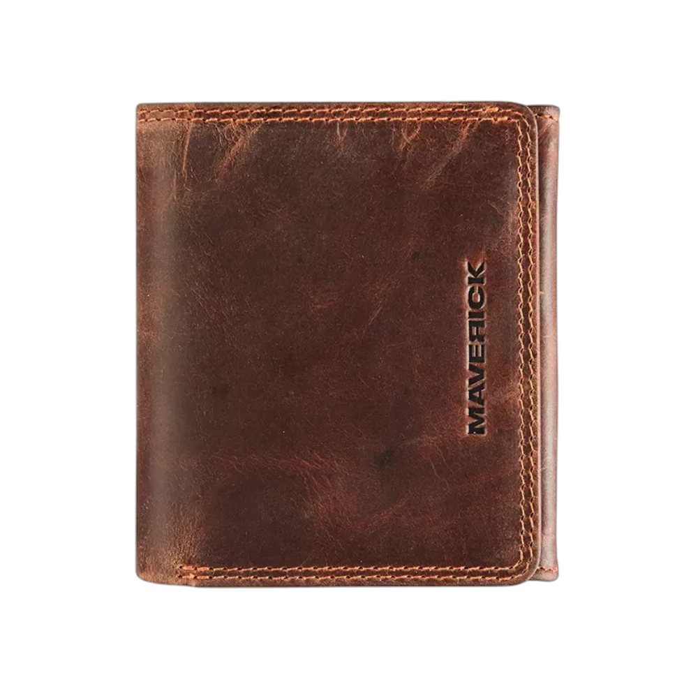 Maverick RFID wallet in brown full-grain leather with embossed logo on the front.