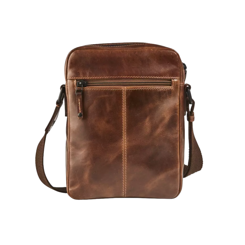 "Maverick Leder-Umhängetasche, braunes Leder, Rückansicht"