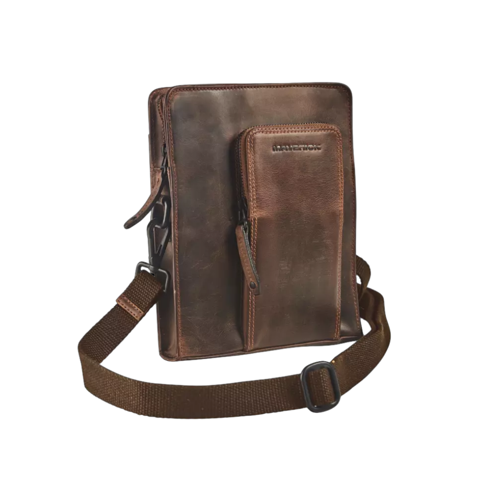 "Maverick Leder-Tablet-Tasche, braunes Leder, mit verstellbarem Schultergurt"