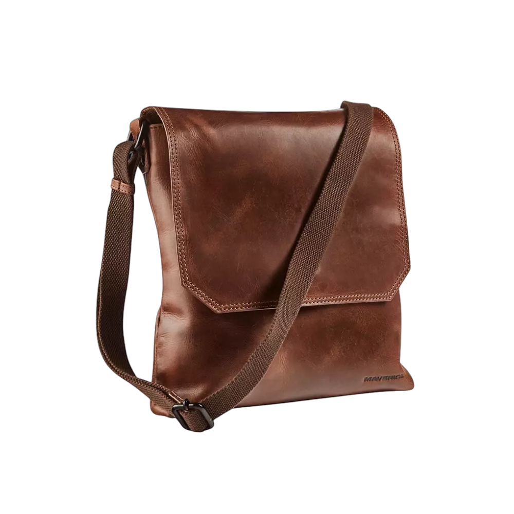 "Maverick Leder-Umhängetasche, braunes Leder, mit verstellbarem Schultergurt"