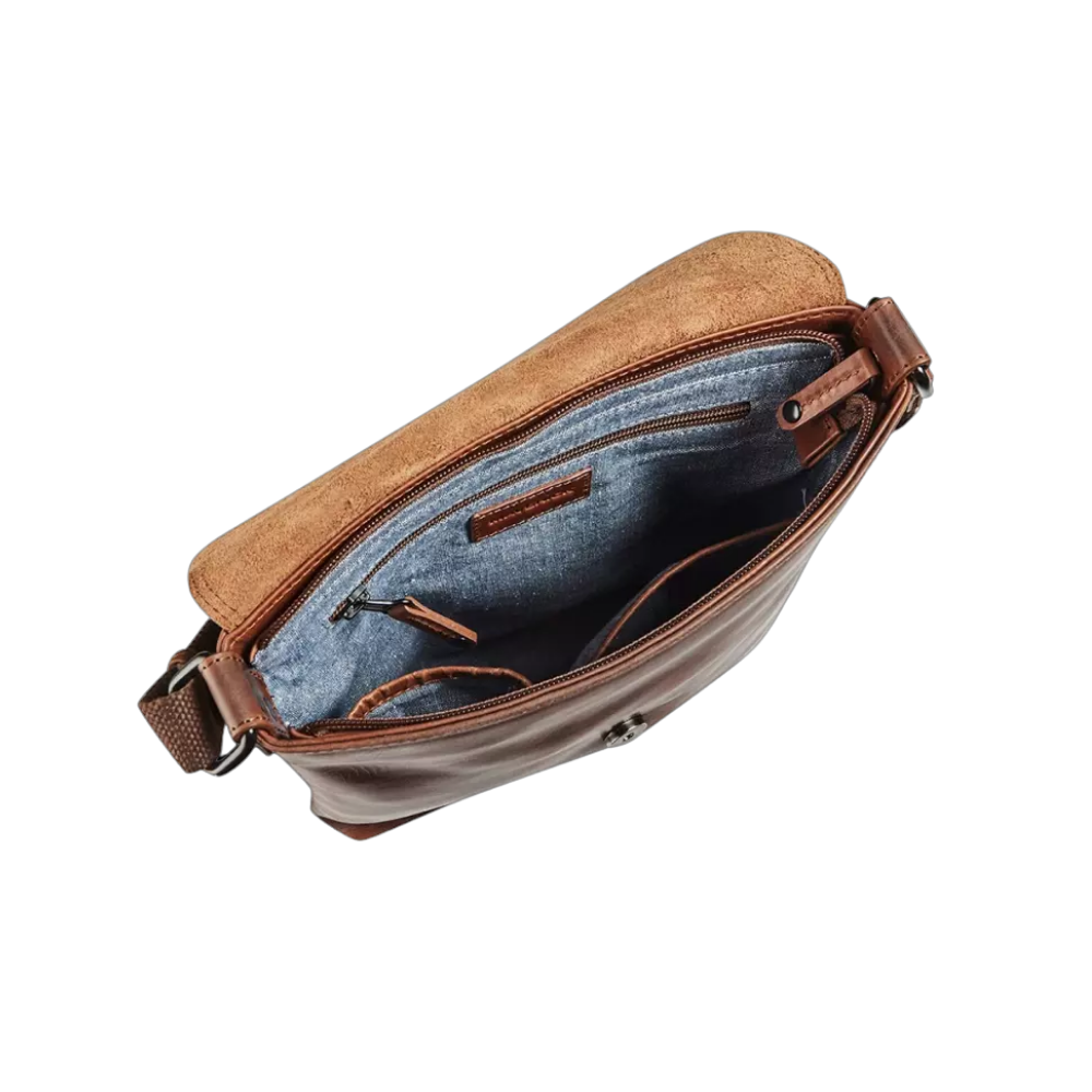 "Maverick Leder-Umhängetasche geöffnet, Innenansicht mit Fächern"