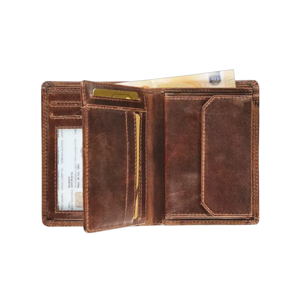 "Maverick Leder-Geldbörse geöffnet, mit Kreditkarten und Ausweisfach sichtbar"