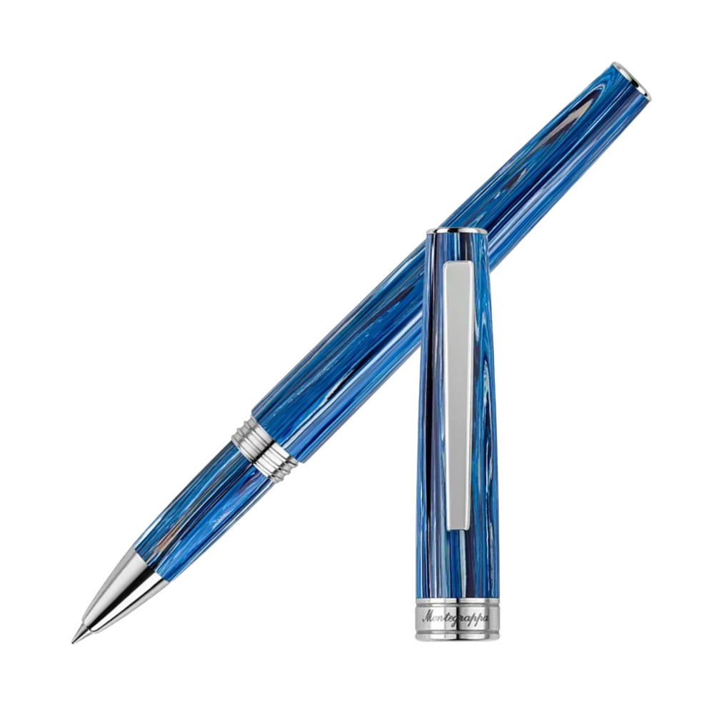 Montegrappa Armonia Adriatic Sea Rollerball Pen with a striking blue resin barrel and polished stainless steel trim for a sophisticated look.