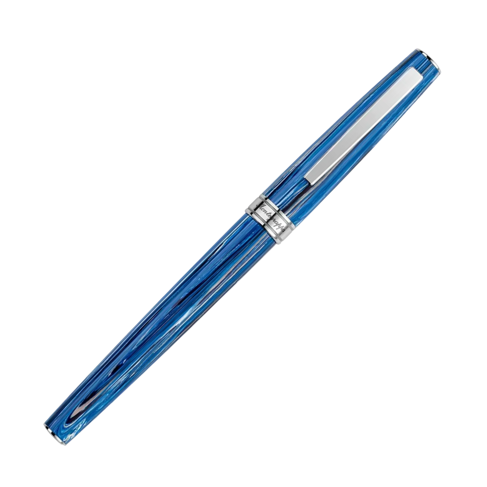 Close-up view of the Montegrappa Armonia Adriatic Sea Rollerball Pen, showcasing the vibrant blue finish and shiny stainless steel accents.