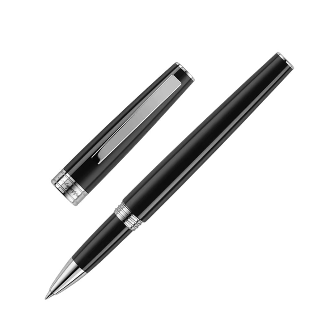 Side view of the Montegrappa Armonia Black Rollerball Pen, emphasizing the smooth black resin body and polished stainless steel trim.