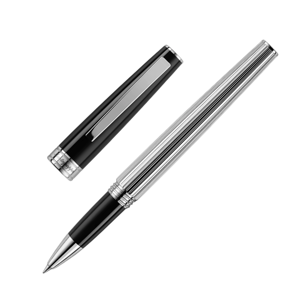 Montegrappa Armonia Duetto Black Rollerball Pen, close-up view of the pen with stainless steel accents.