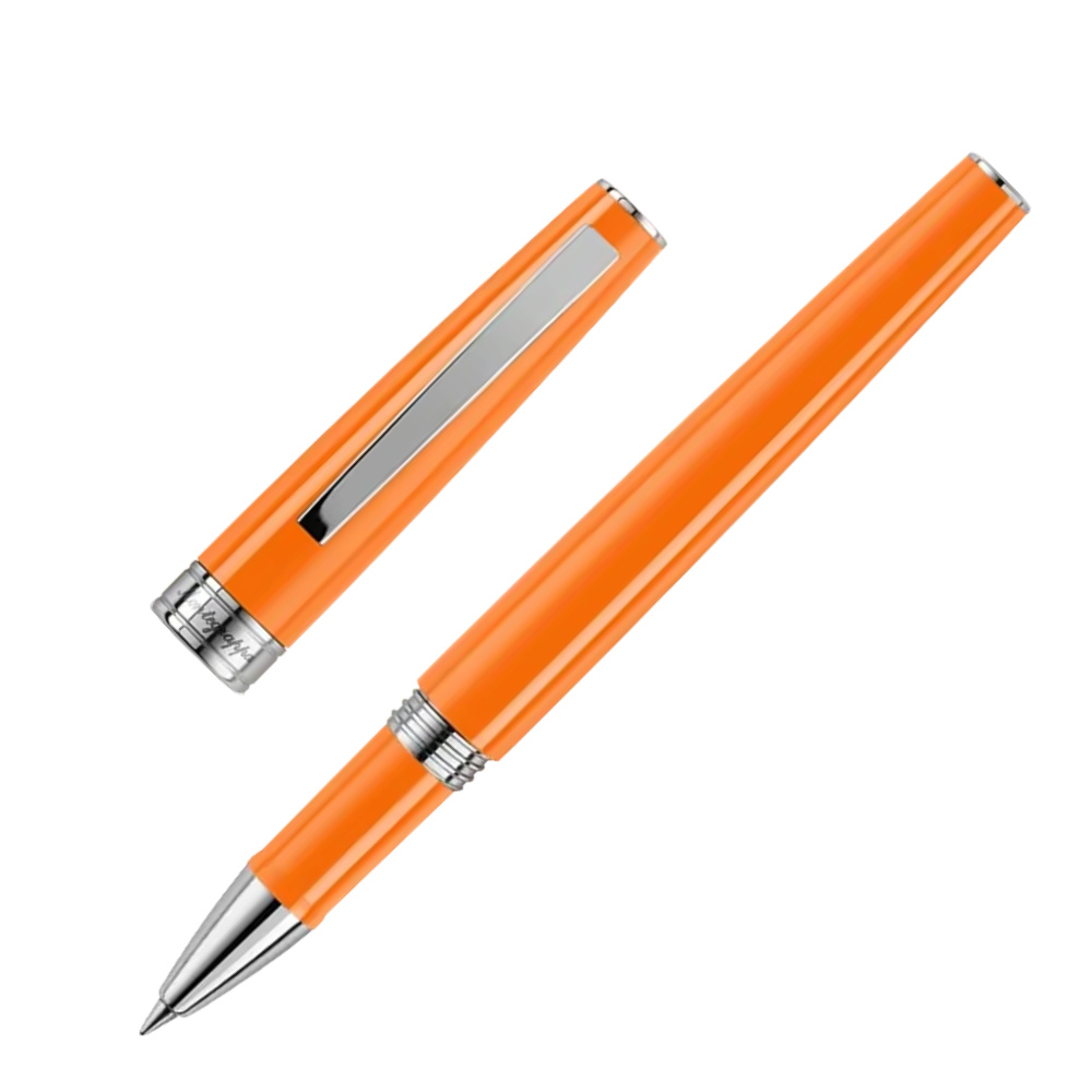 Montegrappa Armonia Mini Orange Rollerball Pen, Nahaufnahme der Kappe und Spitze