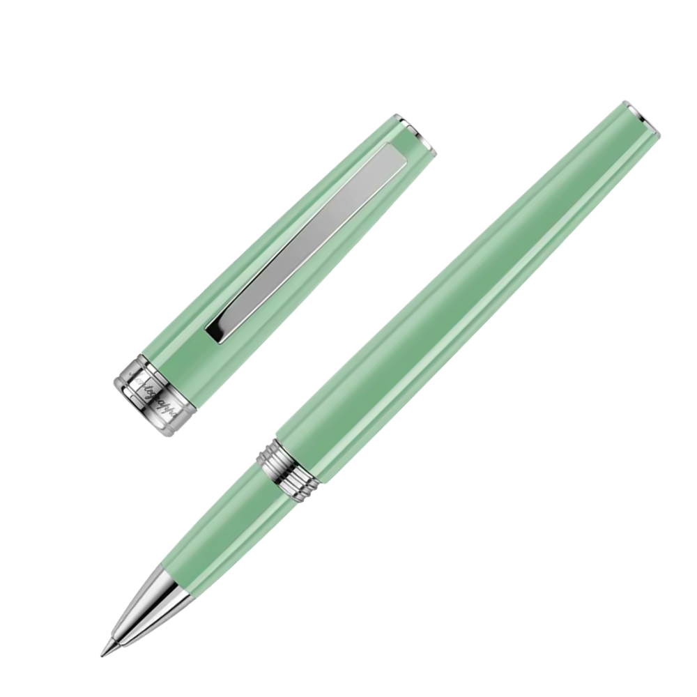 Close-up of the Montegrappa Armonia Neo Mint Rollerball Pen, focusing on the vibrant mint green resin and shiny stainless steel details.