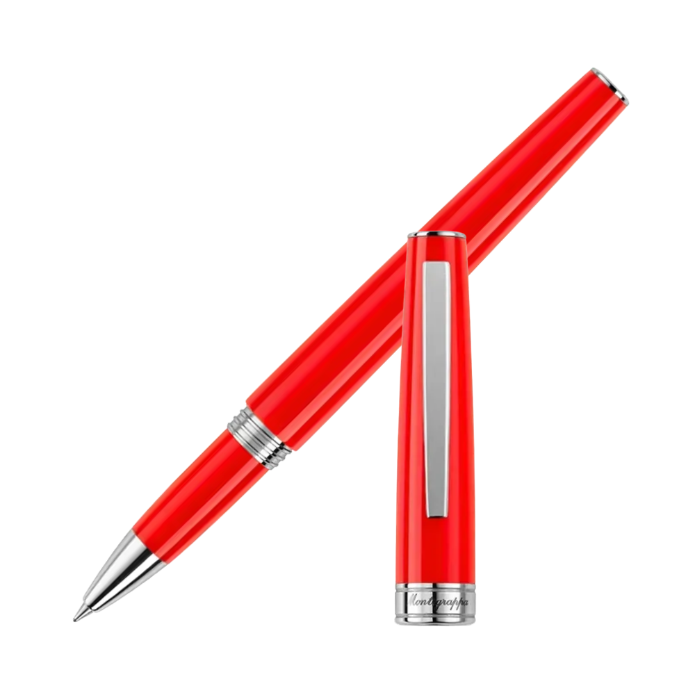 Montegrappa Armonia Scarlet Rollerball Pen with a striking red resin barrel and stainless steel trim for a refined appearance.