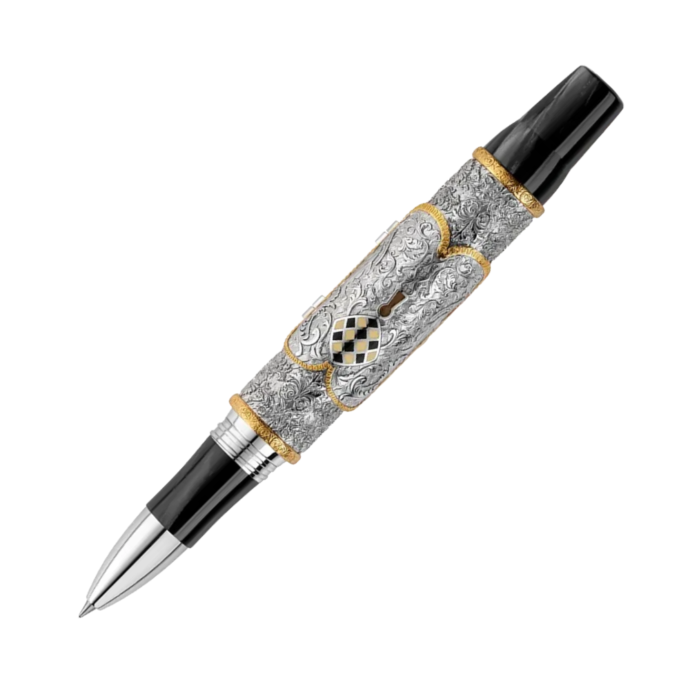 Montegrappa Casanova Rollerball Pen, elegantes Schreibgerät aus Sterlingsilber und Leder mit vergoldeten Details.