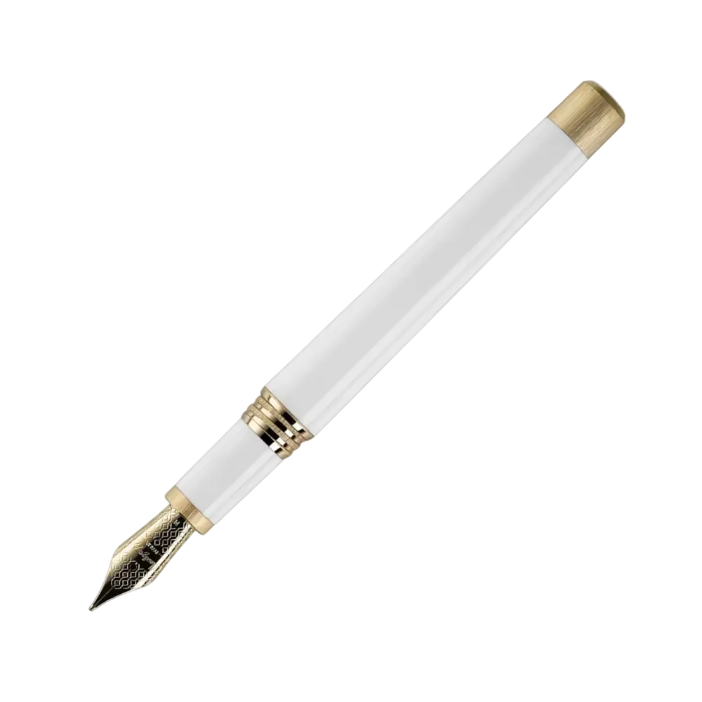 Close-up of Montegrappa Day Zero fountain pen showcasing gold finishes and sleek resin barrel.