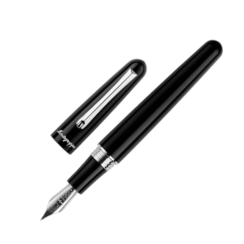 Montegrappa Elmo 01 Fountain Pen - Full View with Cap Off: Full view of the Montegrappa Elmo 01 fountain pen in black, with the cap removed, highlighting its streamlined design and stainless steel nib.