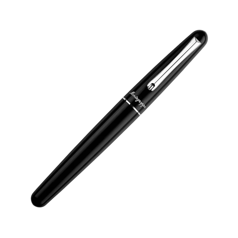Montegrappa Elmo 01 Fountain Pen - Side View: Side view of the Montegrappa Elmo 01 fountain pen in black, emphasizing its sleek resin barrel and stainless steel clip.