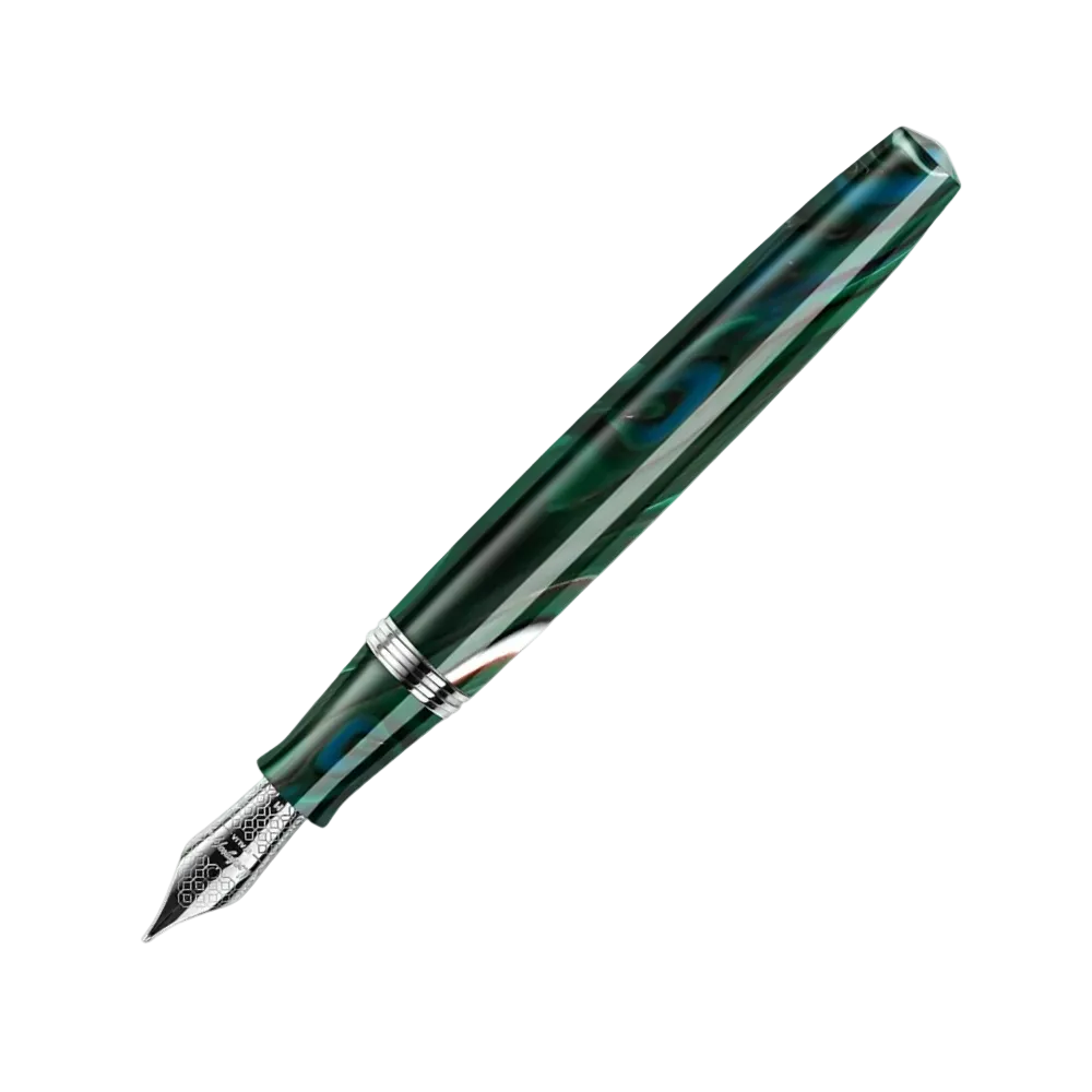 Montegrappa Elmo 02 Cortina Fountain Pen, side view with cap removed, focusing on the elegant barrel design.