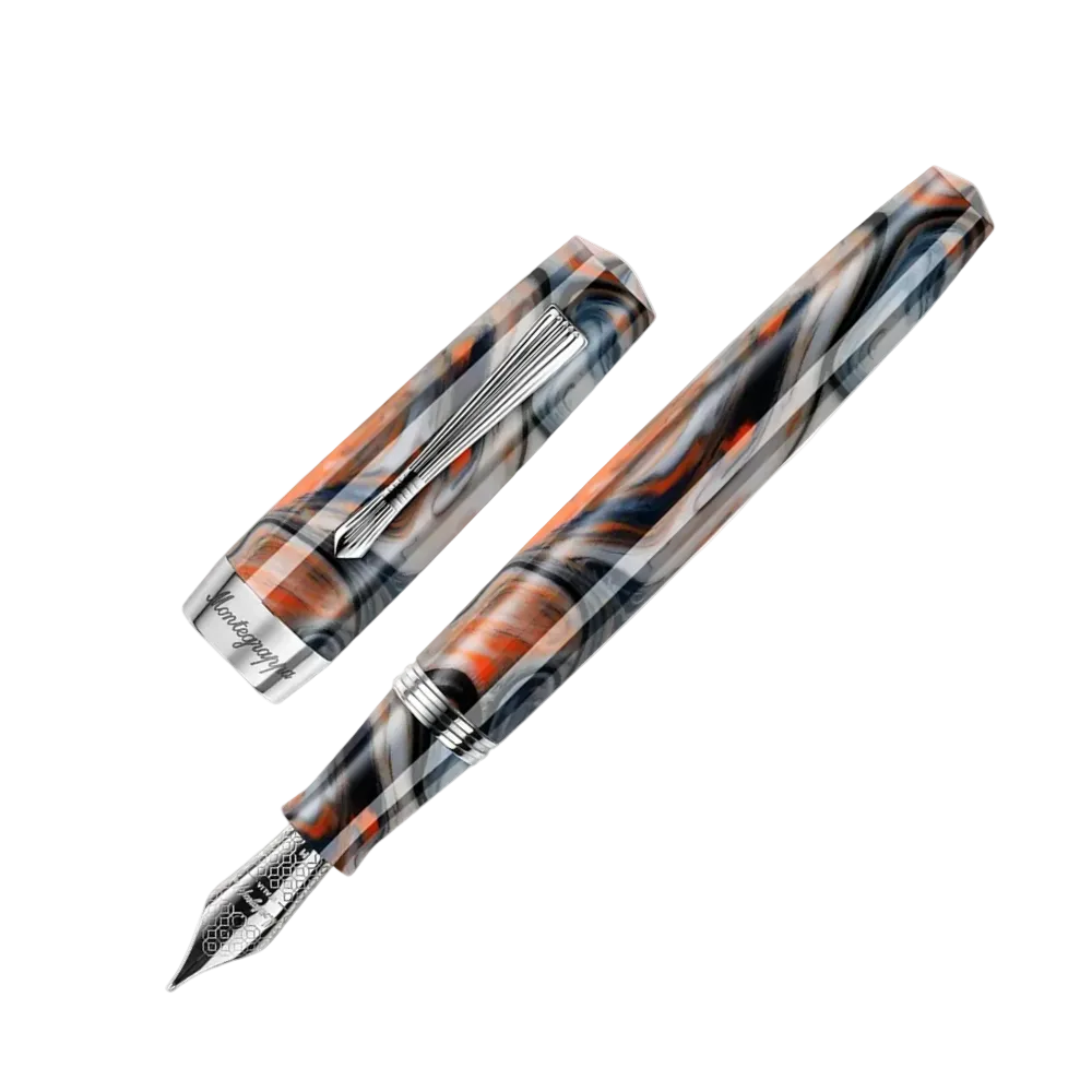 Montegrappa Elmo 02 Croda Rossa Fountain Pen, close-up of the nib and fine detailing of the pen's trim accents.