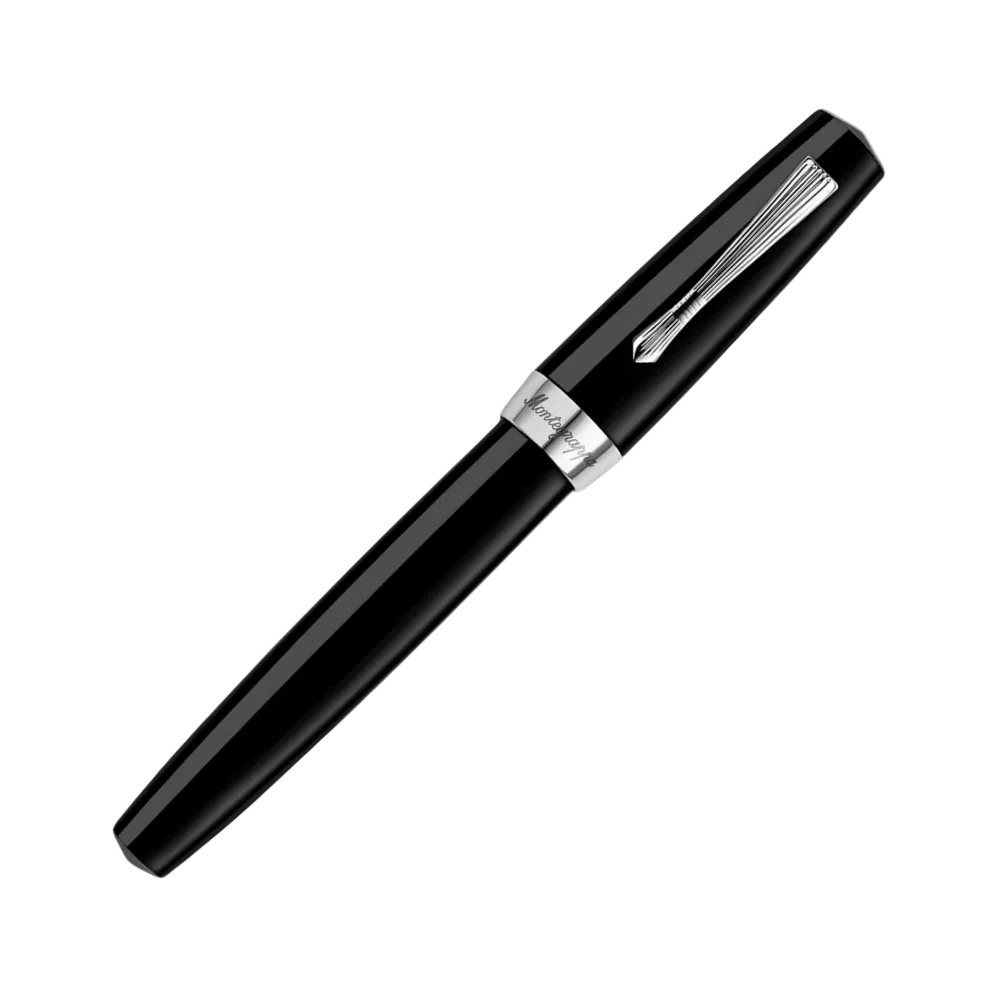 Montegrappa Elmo 02 Jet Black Fountain Pen, close-up of the nib and clip detail.