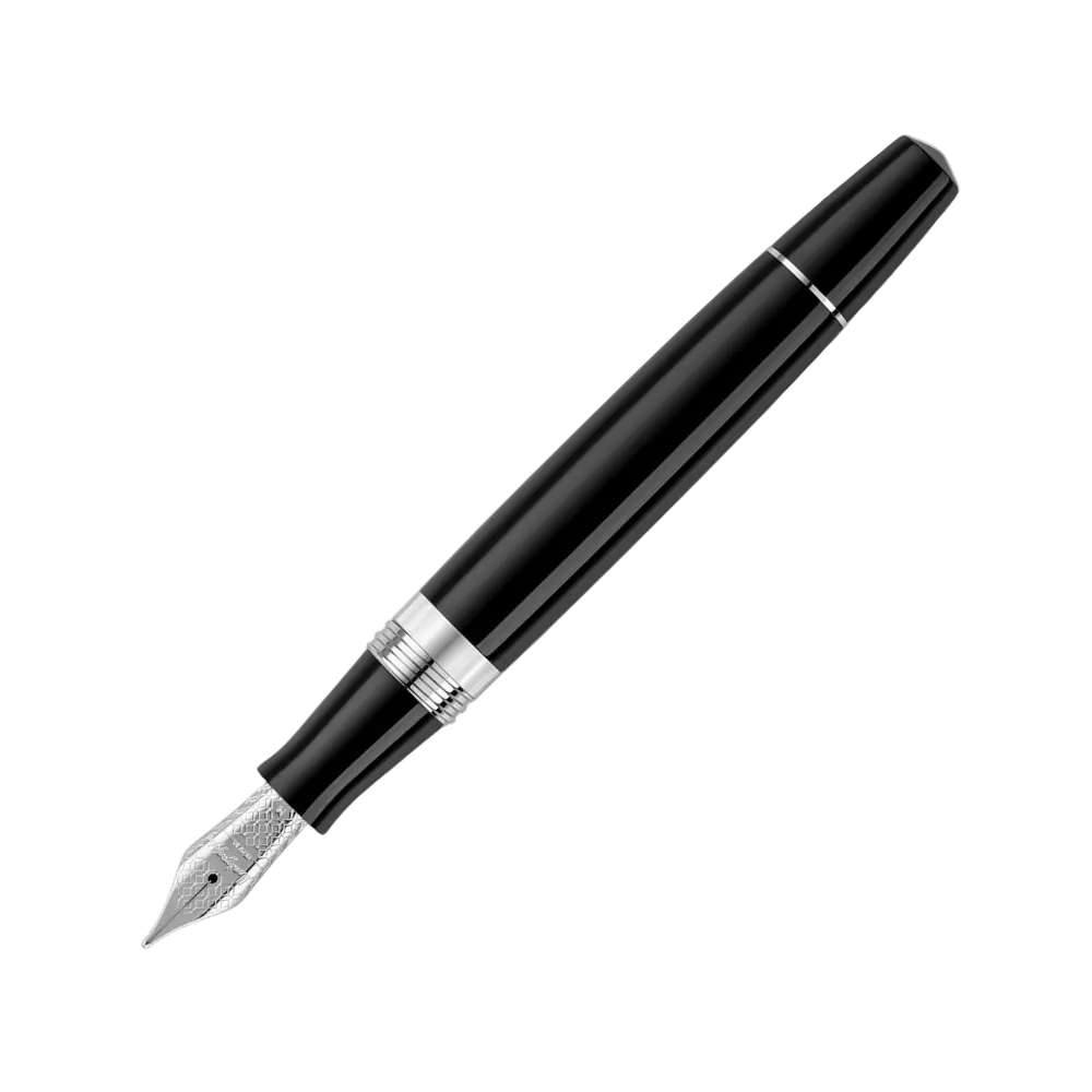 Montegrappa Elmo 02 Plus Fountain Pen in Night with cap removed, focusing on the elegant barrel design.