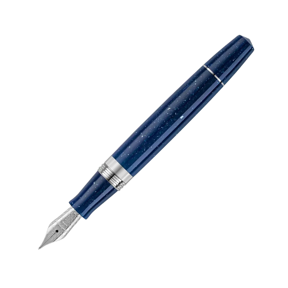 Montegrappa Elmo 02 Plus Interstellar Fountain Pen, with cap removed, focusing on the elegant barrel design.
