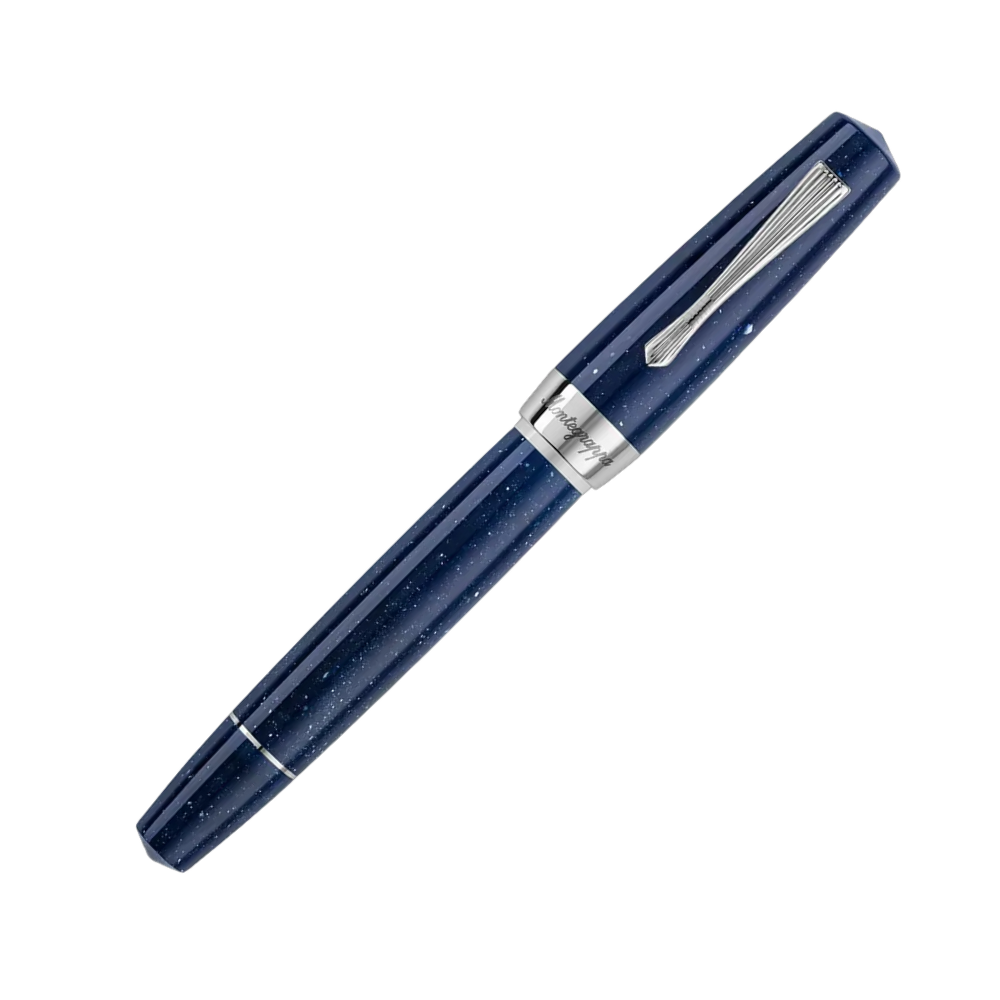 Montegrappa Elmo 02 Plus Interstellar Fountain Pen, side view highlighting the stainless steel and brass trim.