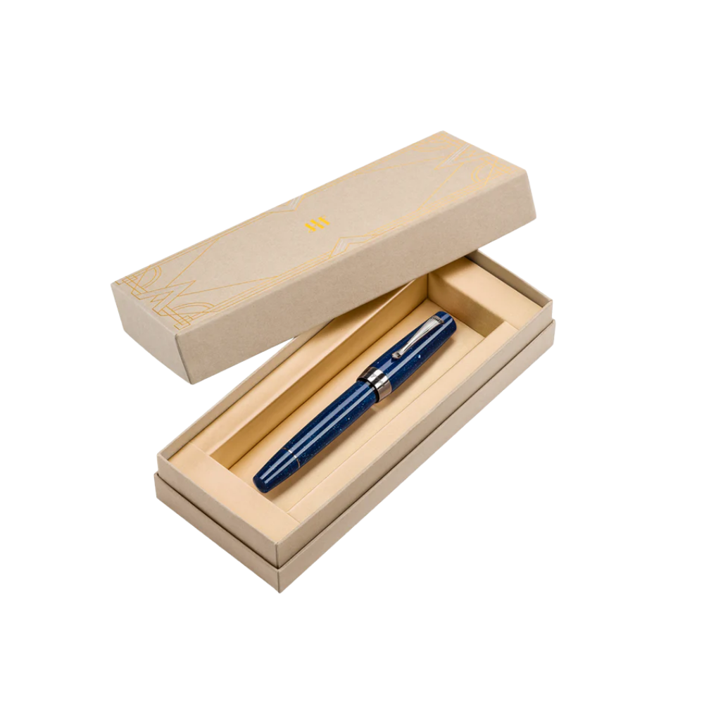 Montegrappa Elmo 02 Plus Interstellar Fountain Pen displayed inside a wooden gift box.