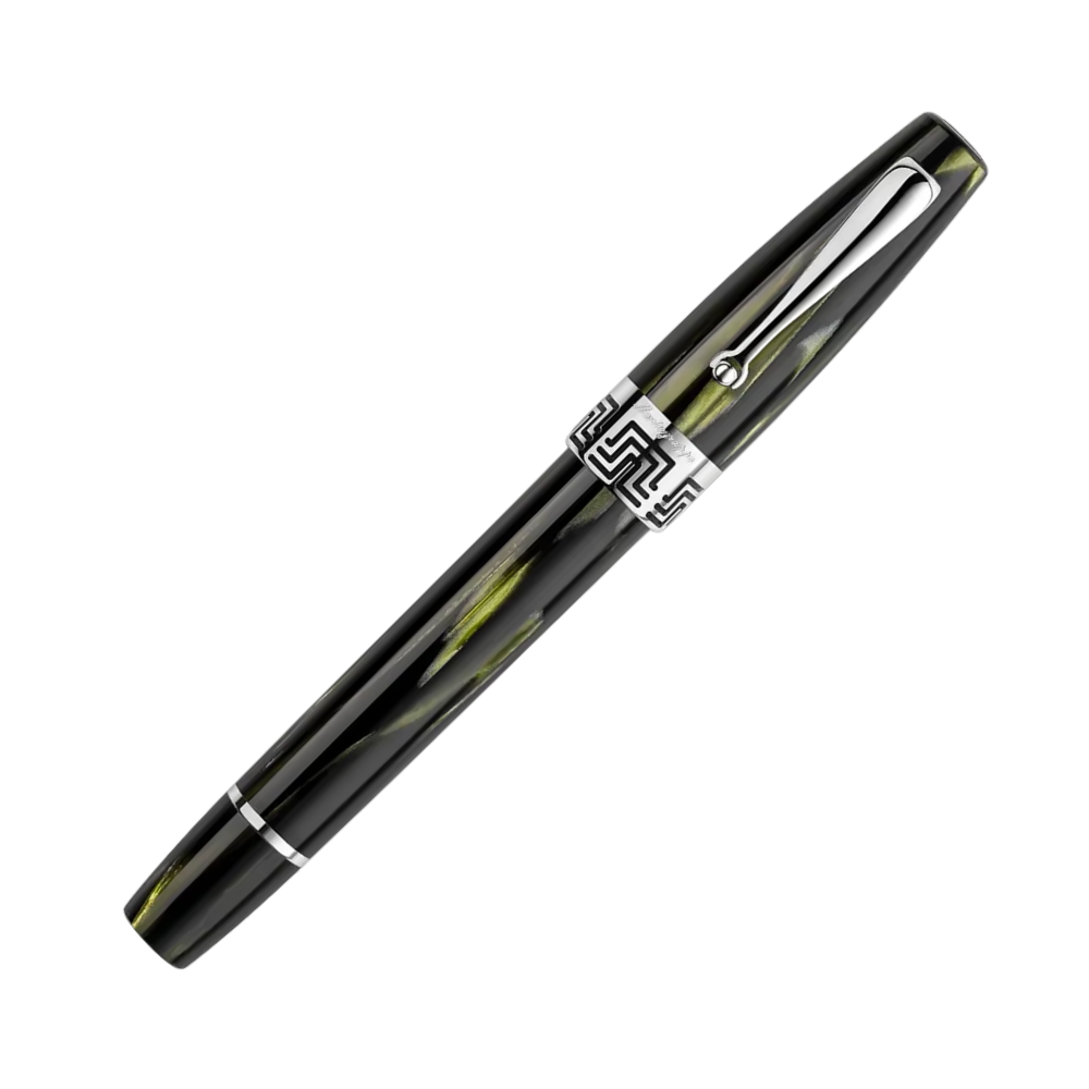 Montegrappa Extra 1930 Bamboo Black Fountain Pen, side view highlighting the sterling silver trim.