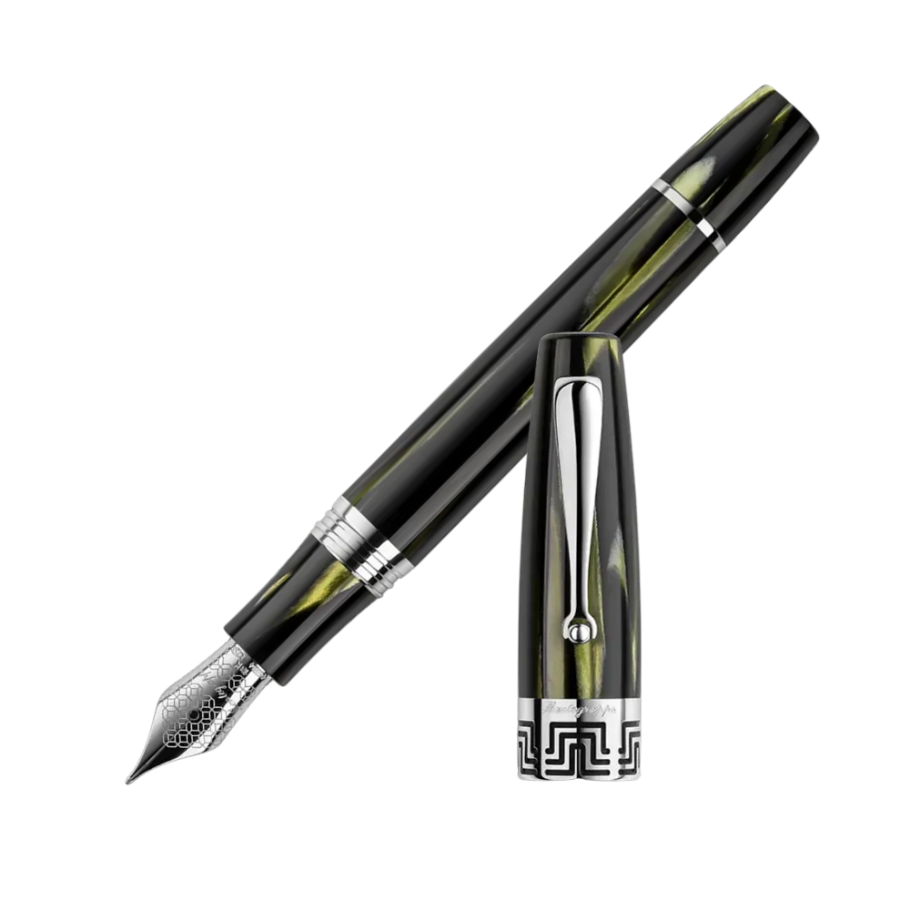 Montegrappa Extra 1930 Bamboo Black Fountain Pen, front view showcasing the nib and dark green and black celluloid design.