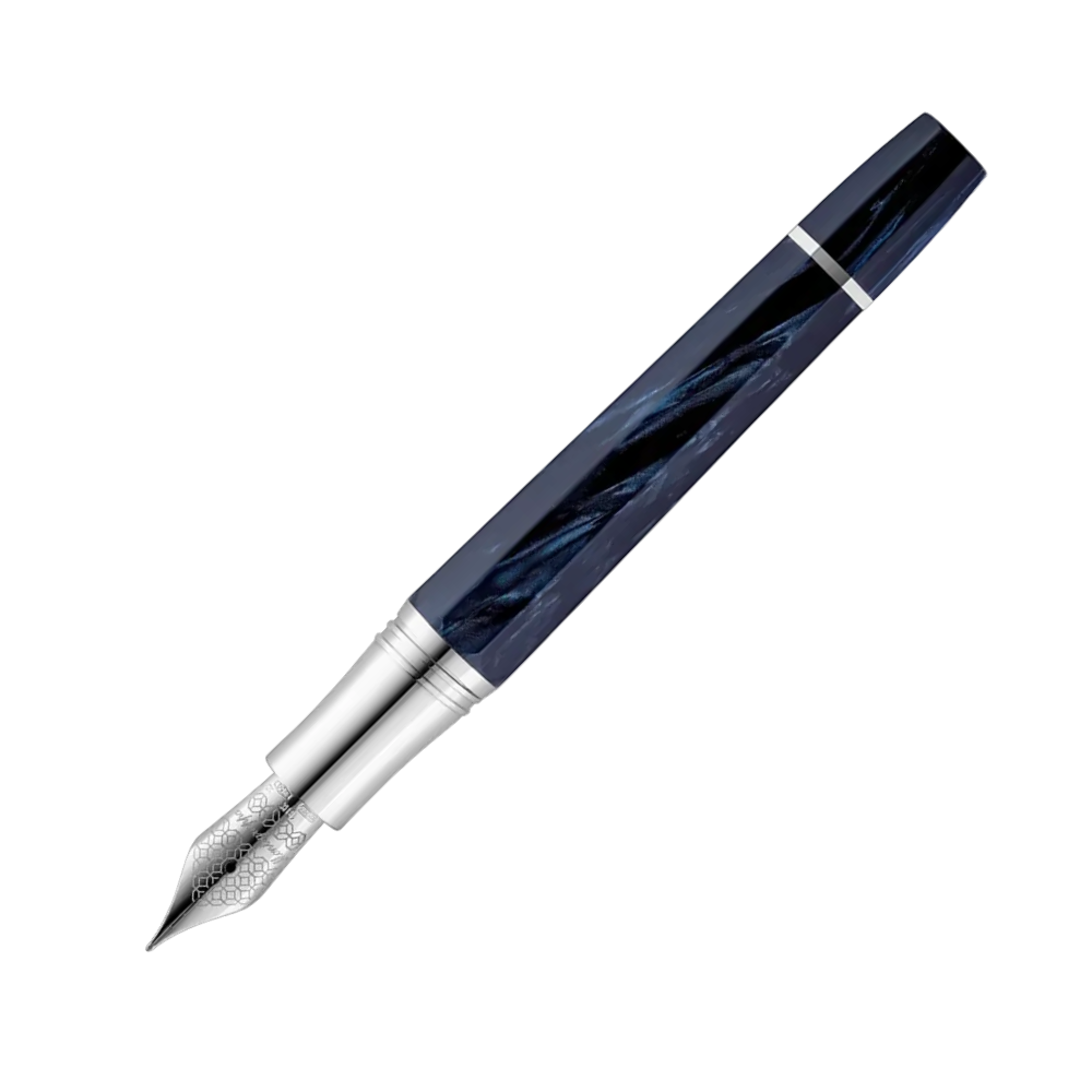 Montegrappa Extra Otto Dark Blue Fountain Pen, close-up of the nib and detailing on the barrel.