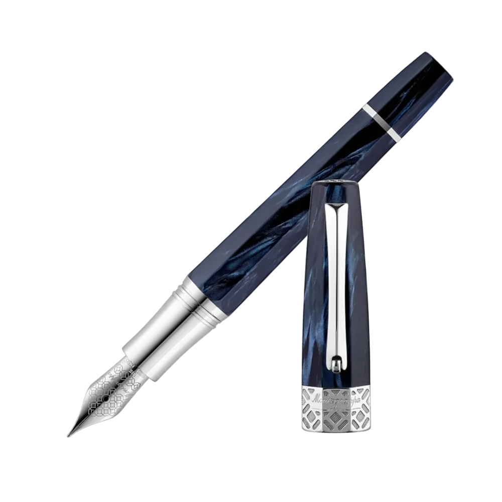 Montegrappa Extra Otto Dark Blue Fountain Pen, front view showcasing the nib and dark blue celluloid design.