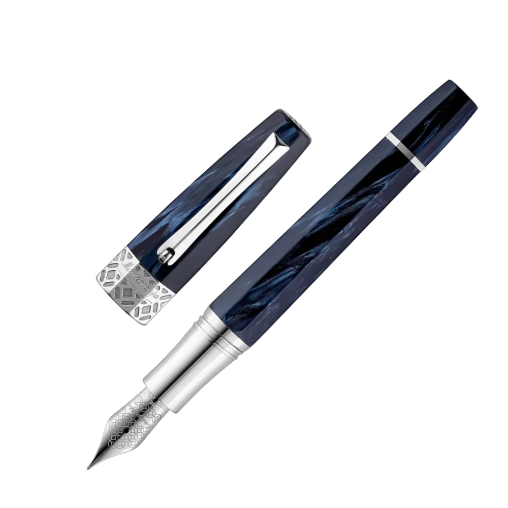 Montegrappa Extra Otto Dark Blue Fountain Pen, close-up of the nib with detailed sterling silver accents.