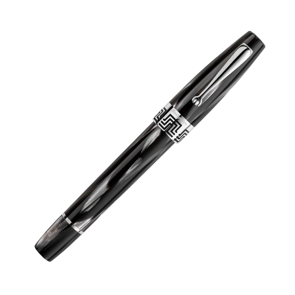 Montegrappa Extra 1930 Black & White Fountain Pen, side view highlighting the sterling silver trim.