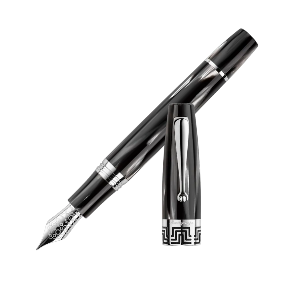 Montegrappa Extra 1930 Black & White Fountain Pen, front view showcasing the nib and sleek black design.