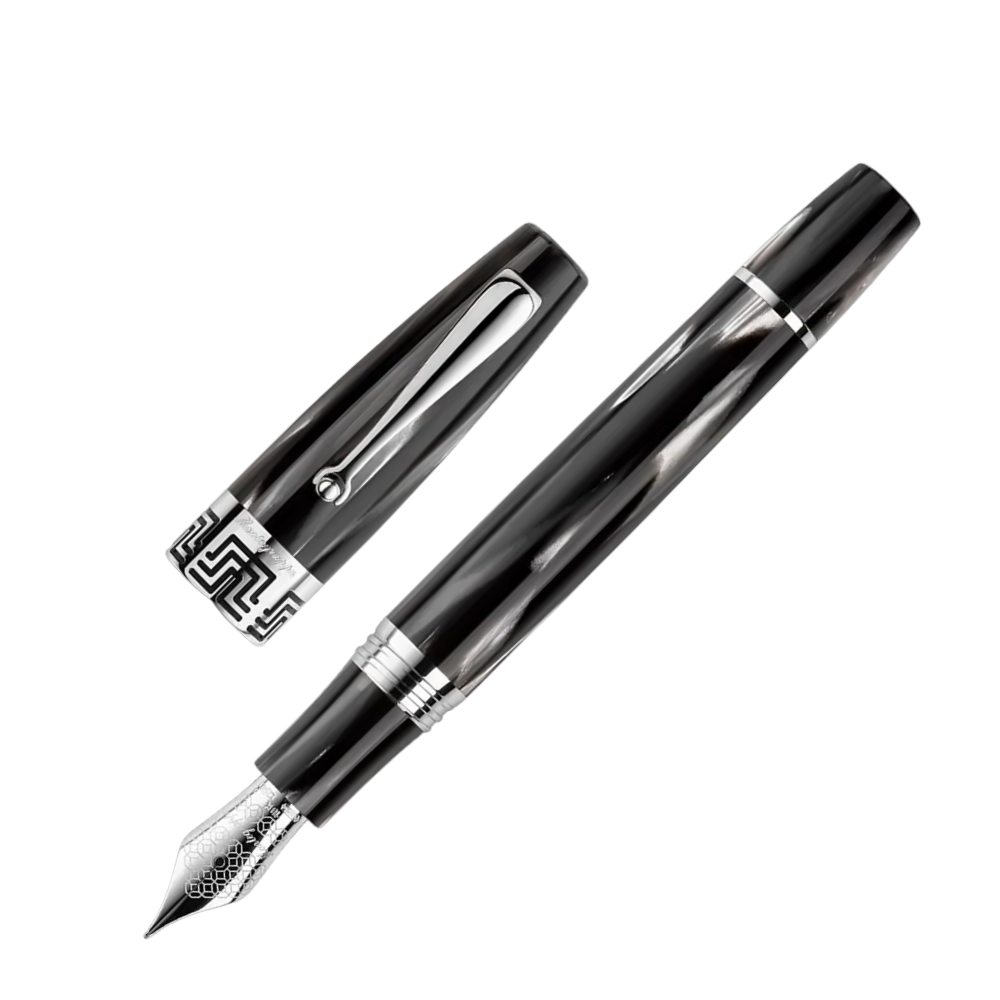 Montegrappa Extra 1930 Black & White Fountain Pen, close-up of the nib and sterling silver accents.
