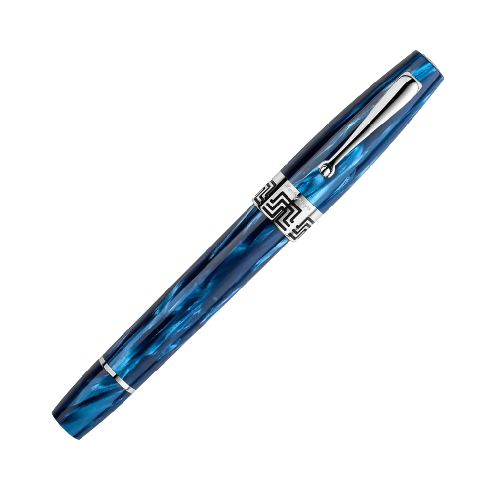 Montegrappa Extra 1930 Mediterranean Blue Fountain Pen, side view highlighting the sterling silver trim.