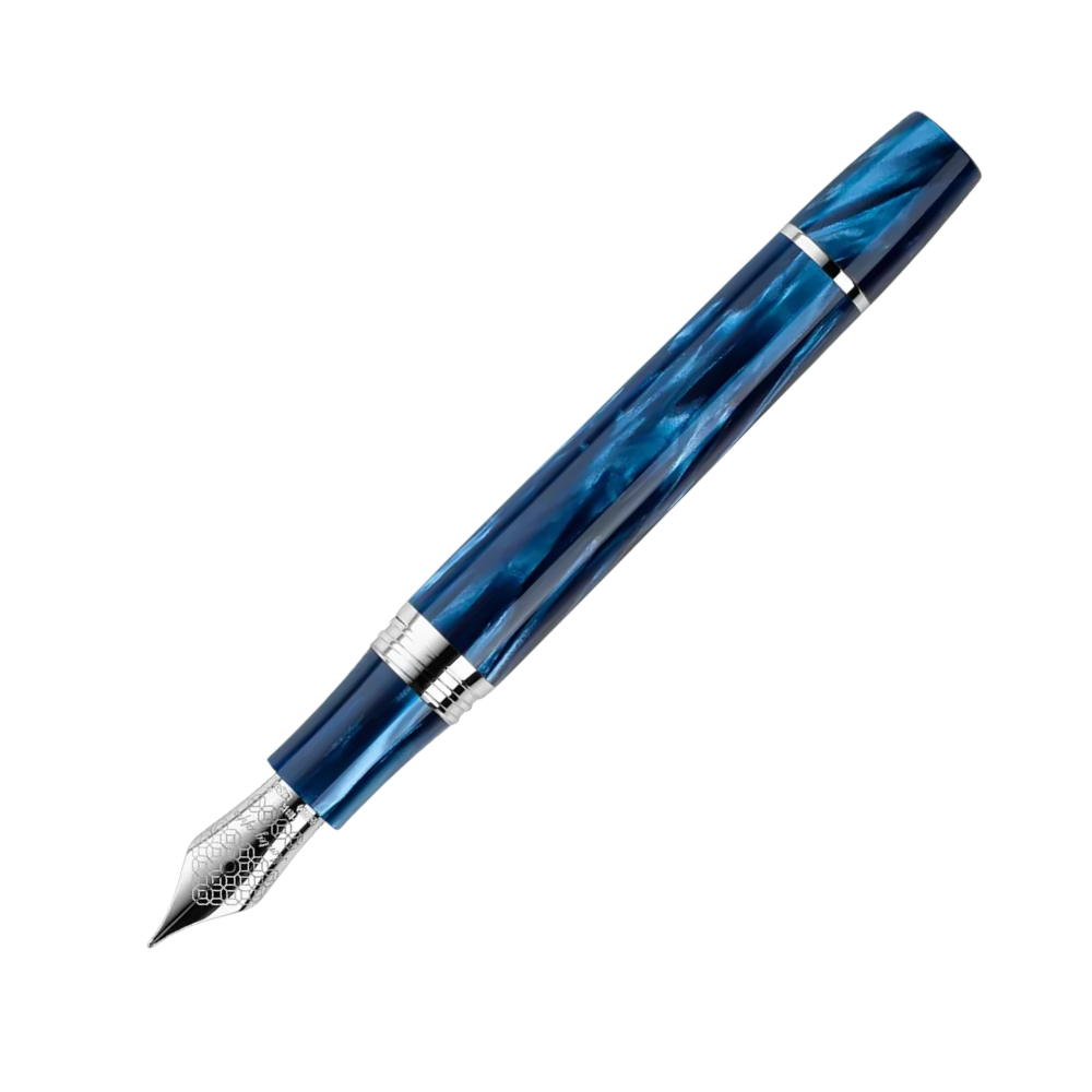 Montegrappa Extra 1930 Mediterranean Blue Fountain Pen, close-up of the nib and detailing on the barrel.