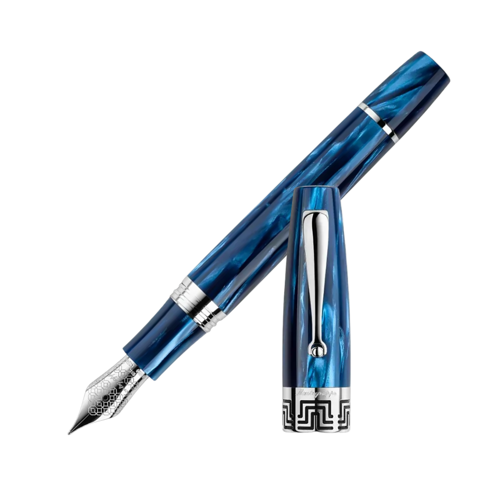 Montegrappa Extra 1930 Mediterranean Blue Fountain Pen, front view showcasing the nib and vibrant blue celluloid design.