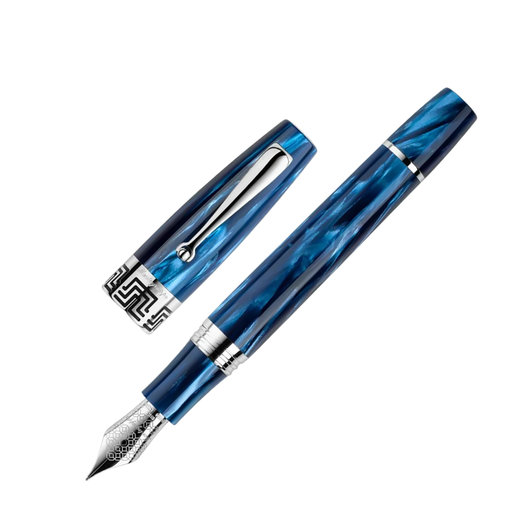Montegrappa Extra 1930 Mediterranean Blue Fountain Pen, close-up of the nib and sterling silver accents.