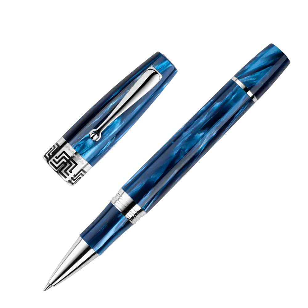 Montegrappa Extra 1930 Mediterranean Blue Rollerball Pen, Nahaufnahme der Kappe und Spitze