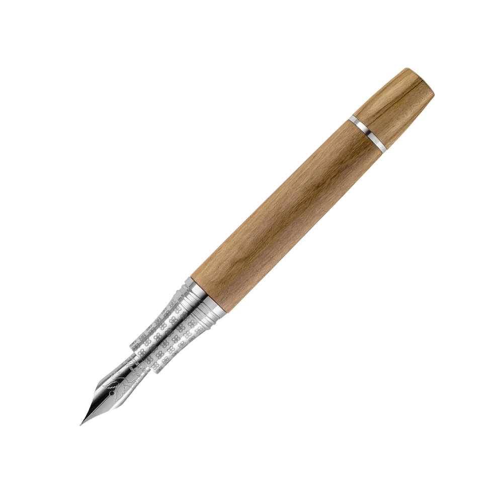 Montegrappa Extra Peace Füllfederhalter mit natürlichem Olivenholzgehäuse und 18k Goldfeder, in exklusiver Verpackung.