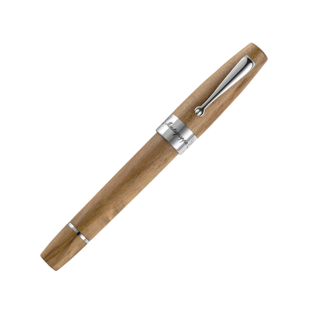 Montegrappa Extra Peace Füllfederhalter, elegantes Design aus Olivenholz mit feinen Sterlingsilberverzierungen.