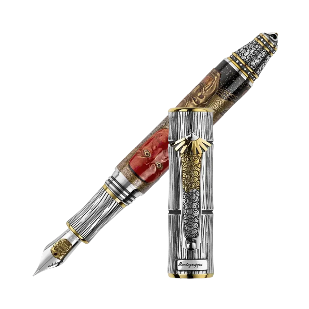 Montegrappa Kitcho Noh Masks Füllfederhalter, kunstvolles Design aus Resin, Emaille und Sterlingsilber.