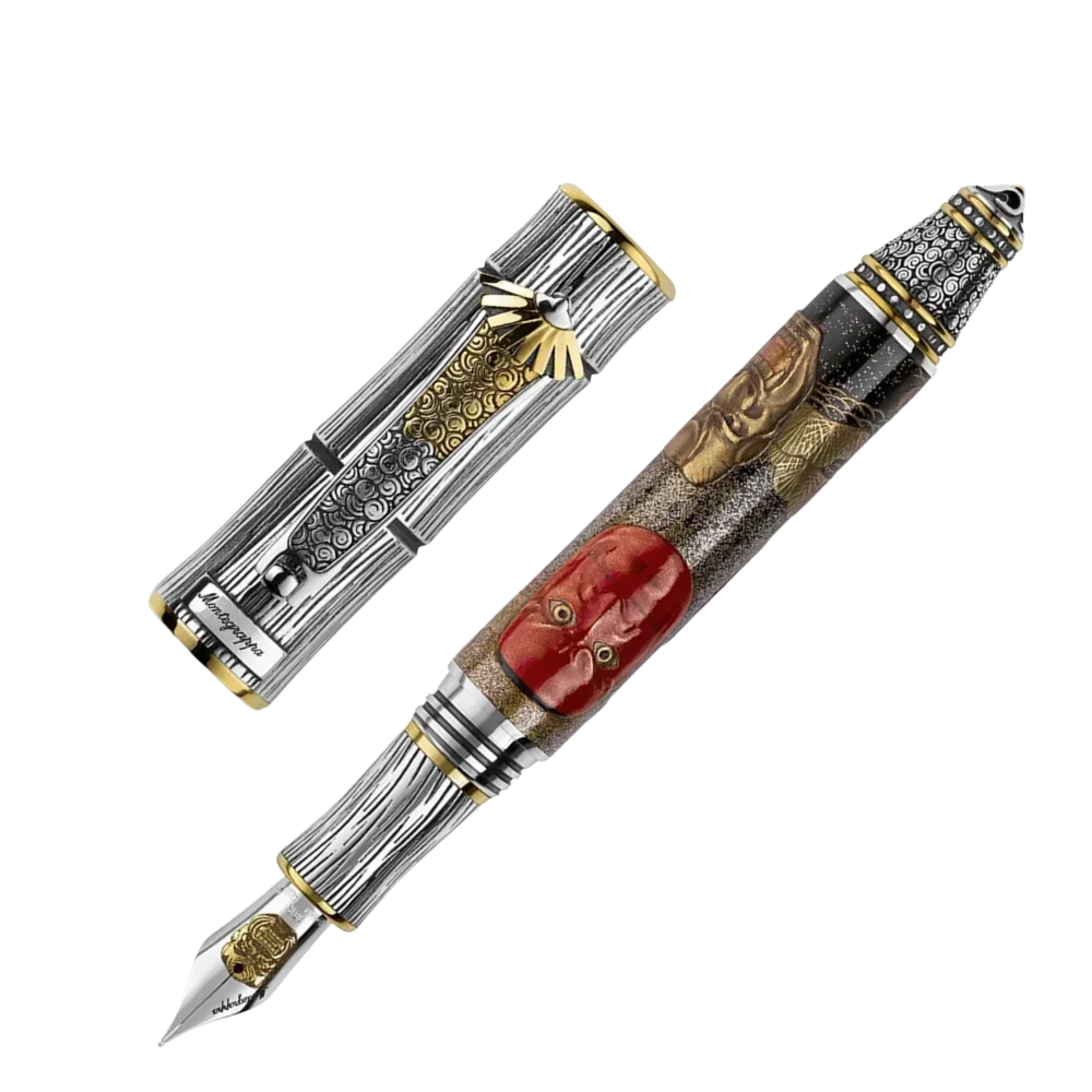 Montegrappa Kitcho Noh Masks Füllfederhalter, meisterhafte Handwerkskunst aus Resin, Emaille und Sterlingsilber mit hochwertigem Kolbenfüllsystem.