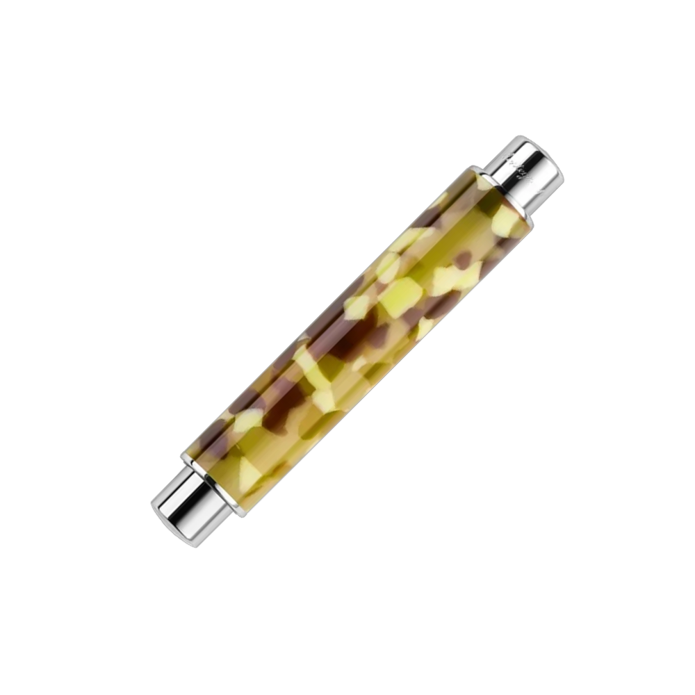 Montegrappa Gnomo Obsession Buttermilk Steel Fountain Pen, side view highlighting the stainless steel trim and the unique resin pattern.