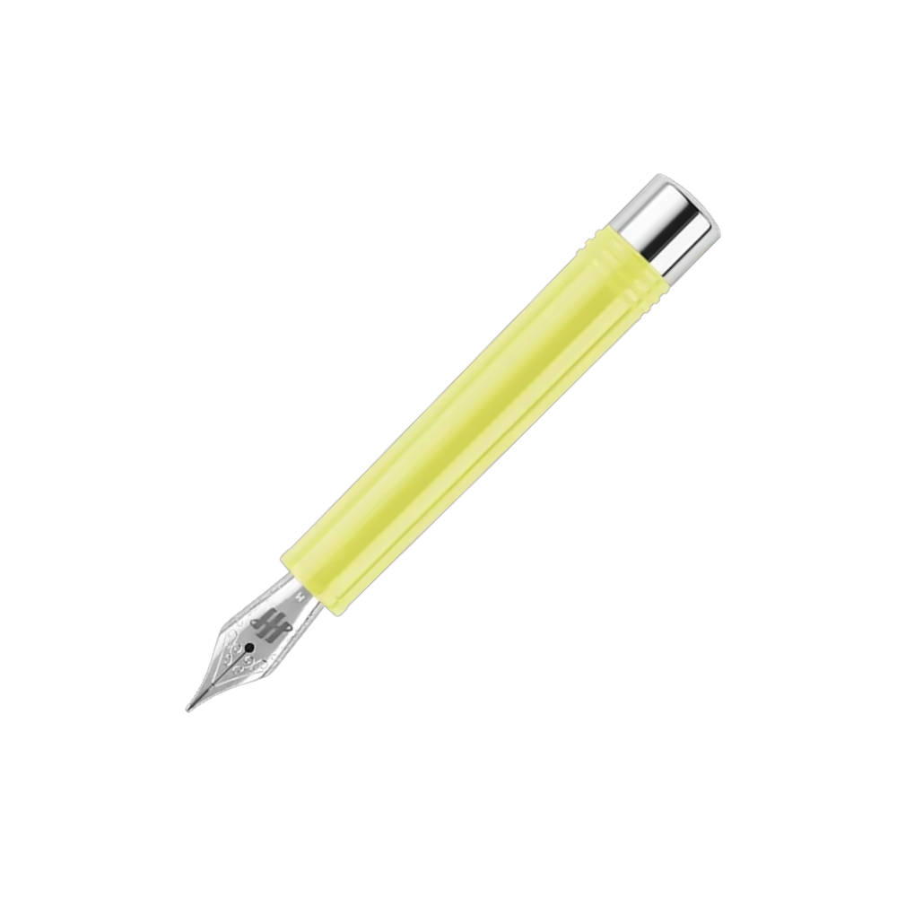 Montegrappa Gnomo Obsession Buttermilk Steel Fountain Pen, side view with cap removed, focusing on the barrel design.