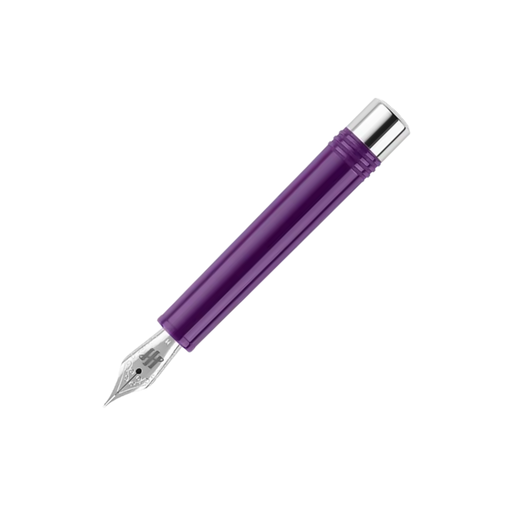 Montegrappa Gnomo Obsession Purple Fountain Pen, close-up of the nib and detailing on the barrel design.
